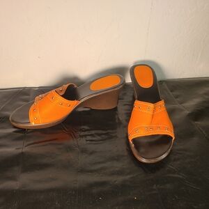 Orange Brown Studded Straps Wedge Slide Sandals Women's Size 9